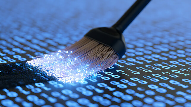 Digital Transformation Brush: A Conceptual Image Illustrates Cleaning and Enhancing Binary Code with Luminous Fiber Optics on a Dark Background