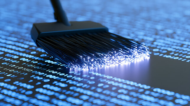 Digital data broom sweep clean binary code information, abstract concept render of data cleanup, optimization, and security