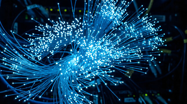 Glowing Blue Fiber Optic Cables in Network Equipment