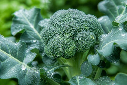 Broccoli head covered in water droplets in garden patch