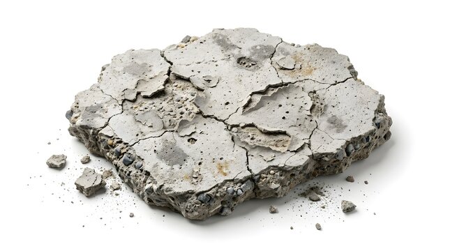 A single piece of broken grey concrete slab isolated on a white background with small debris