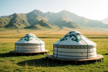 Fototapeta premium Two traditional yurts stand on a grassy field with mountains in background. Nomadic dwellings have ornate patterns. Scene shows rural Asian landscape under bright sky.