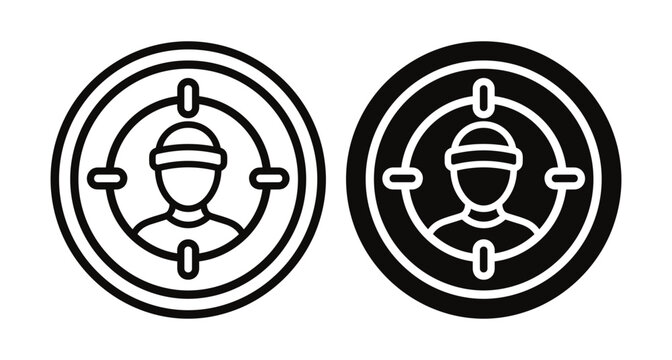 Target criminal icon set showing suspect in crosshair for security surveillance law enforcement police investigation bounty hunter tracking monitoring system