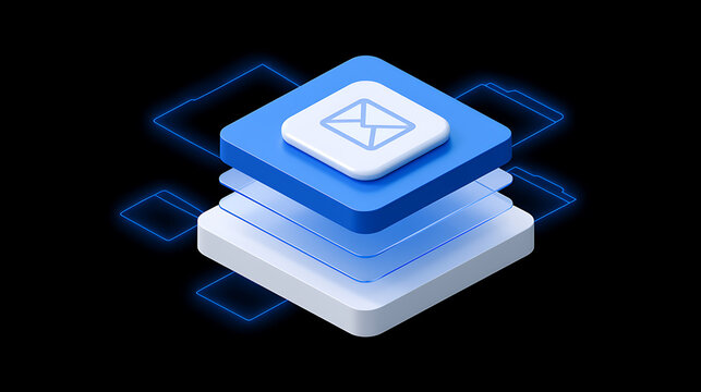 Abstract 3D rendering of email notification icon on stacked layers with data folders, concept for secure digital communication and information exchange