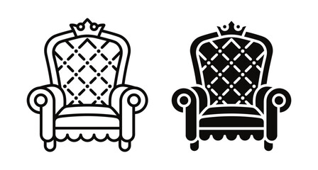 Obraz premium Royal throne armchair icon set with crown and tufted backrest in outline and solid black silhouette styles for furniture design