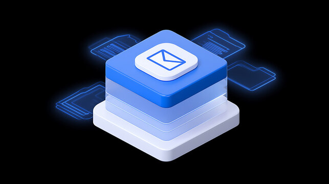 Abstract illustration of layered platforms with a mail icon, representing data organization, communication, and digital information management