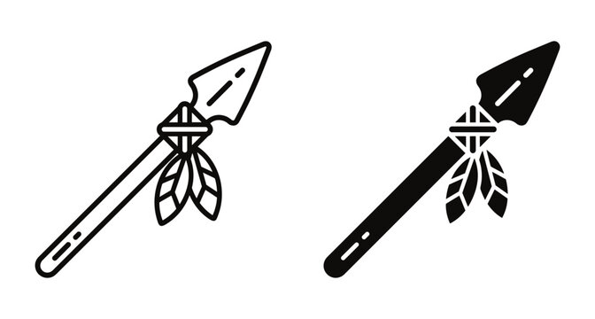 Tribal spear icon set featuring ancient hunting weapon with feathers in outline and solid glyph styles for graphic design projects