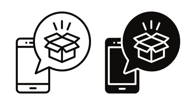 Smartphone notification icon showing open box for unboxing delivery package shipping tracking mobile commerce online shopping order status update