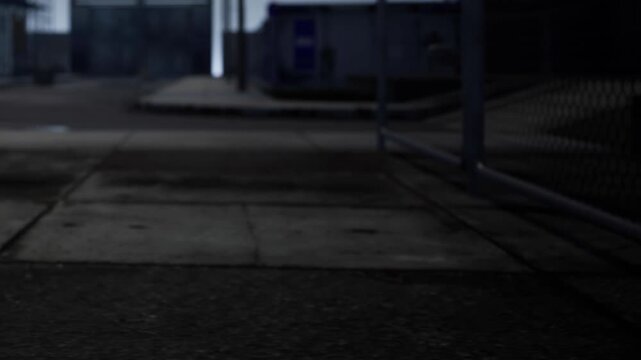 A quiet street scene shows concrete surfaces and buildings under fading light. Shadows cast by nearby structures create a dim atmosphere of an urban setting.
