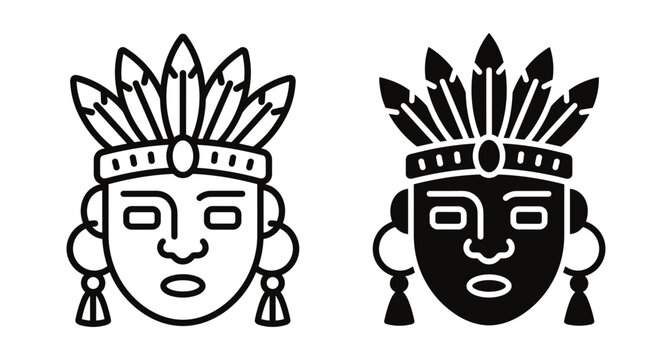 Mayan tribal mask icon set featuring ancient Aztec warrior head with feather headdress in outline and solid black vector style