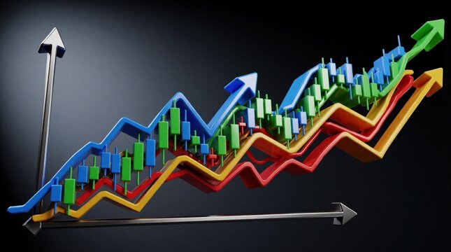 Multiple colored lines and candlesticks show market growth on dark background. Arrows indicate positive trend and financial success. Business charts reveal economic performance progress.