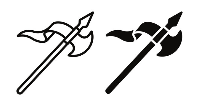 Medieval halberd battle axe icon set with ribbon pennant spear head polearm weapon silhouette and outline for gaming heraldry design