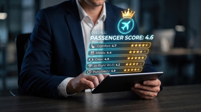 Airline passenger experience analytics showing service quality, customer satisfaction, flight comfort, crew performance and loyalty metrics for travel business strategy