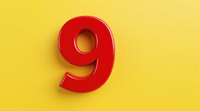 Bright red three dimensional number 9 floats on plain yellow background. Simple graphic highlights numeral for counting or statistics. Use as design element.