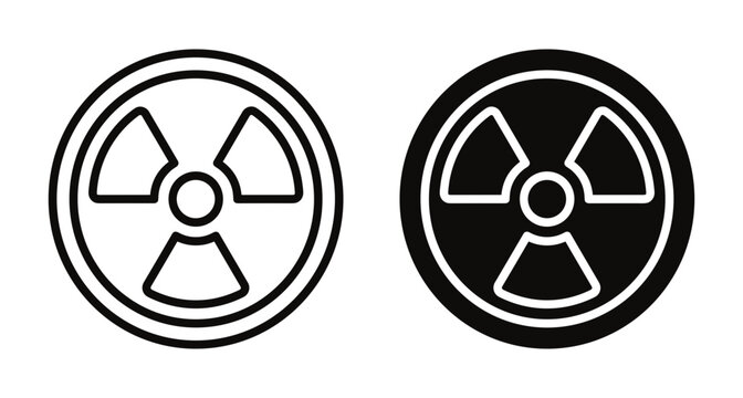 Radiation symbol icon set with outline and solid black versions representing nuclear energy hazard warning and radioactive material safety signs