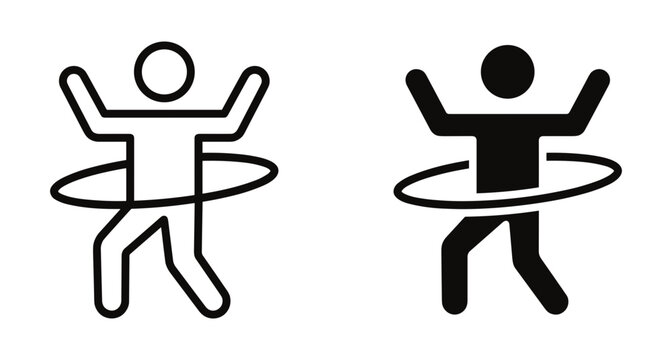 Stick figure person using hula hoop icon set showing active lifestyle fitness exercise workout movement and fun recreational sports activity