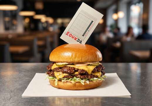 Gourmet Cheeseburger with Business Card Stuck on Top Mockup