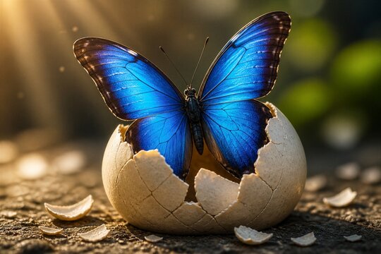 Blue butterfly emerging from eggshell on cracked surface