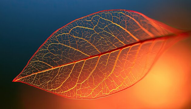 Delicate translucent leaf skeleton glows with golden veining against blurred background