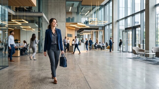 A professional entering a modern office for the first time after landing a new position, walking confidently while observing the surroundings, natural posture, people out of focus in the background.