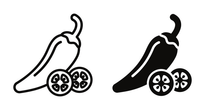 Chili pepper icon set with whole vegetable and sliced pieces in outline and solid black style for food menu design