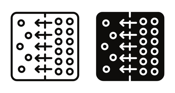 Minimalist icon set showing circles moving across a boundary with arrows representing data migration sorting process or strategy game mechanics