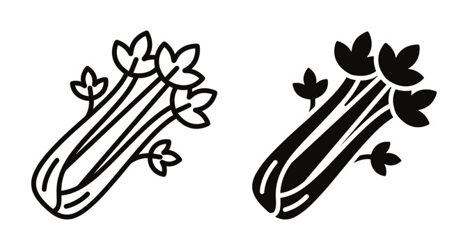 Celery stalk vegetable icon set with leaves in outline and solid black silhouette style for healthy food and cooking design