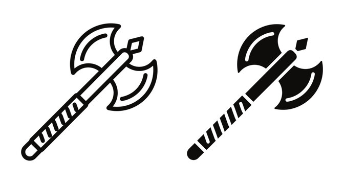 Double headed battle axe icon set featuring medieval viking weapon design in outline and solid black silhouette styles for gaming