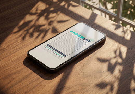 Smartphone Screen Mockup  on Walnut Tabletop