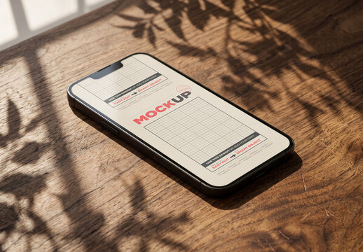 Smartphone Display Mockup on Walnut Tabletop with Shadow