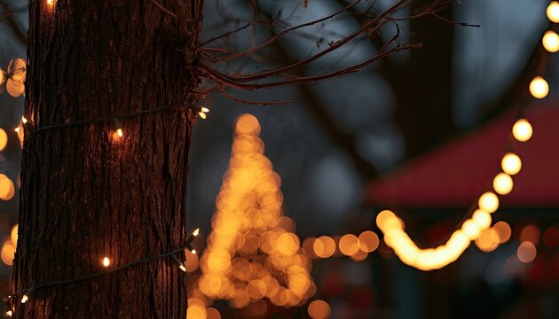 Warm lights twinkle on a tree & in festive bokeh at dusk