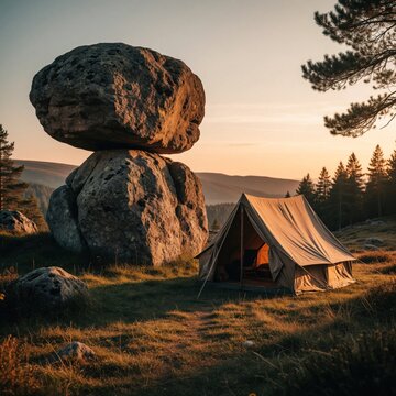 Canvas tent pitched near huge balanced rocks at sunset. Golden hour light illuminates wild landscape with pine forest and rolling hills. Peaceful camping scene.