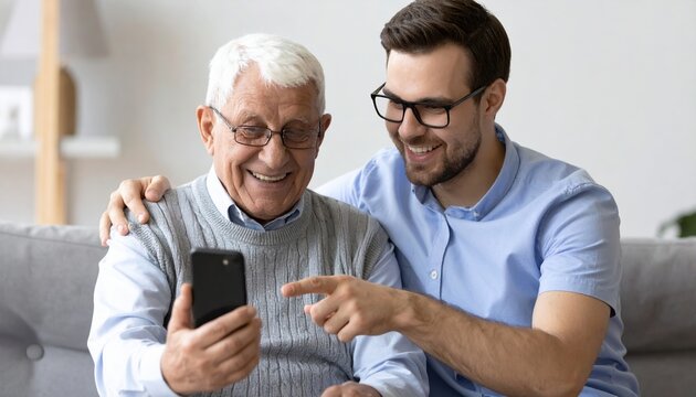 Caregiver teaching elderly grandfather how to use smartphone for video calls, intergenerational technology support