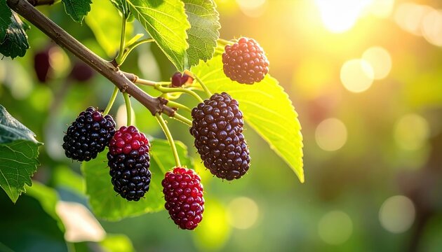 Branch of mulberry tree with ripe and unripe berries among lush green leaves, natural sunlight, macro outdoor photography, organic fruit farming concept
