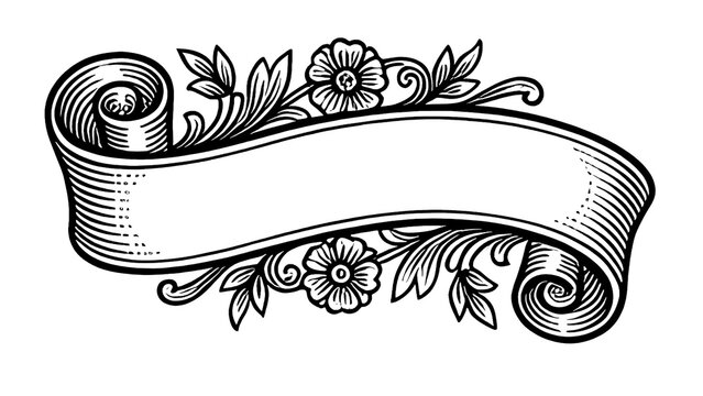 Blank vintage engraved ribbon banner with flowers and leaves on transparent background, concept of classic elegant botanical design