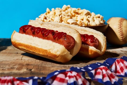 Two hot dogs with ketchup and popcorn for a summer picnic