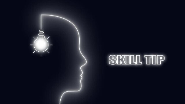 Neon outline of a human head with a light bulb and the words Skill Tip idea learning