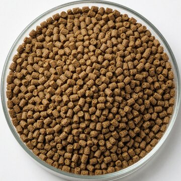 Brown fish food pellets fill glass dish. Small dry cylinders provide nutrition for aquatic pets. Seafood diet mix for healthy growth and aquariums. Protein rich food substance.