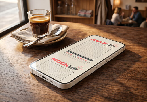 Smartphone Screen Mockup on Wooden Table on bar