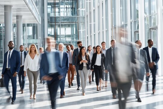 Diverse group of business professionals walking through a modern office building hallway