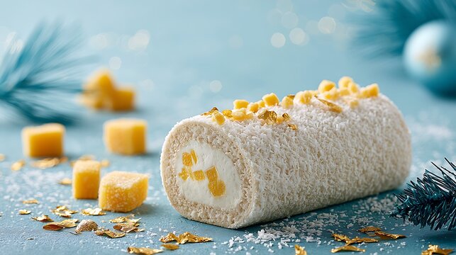 A festive coconut yule log cake with tropical fruit filling. Perfect for elegant winter holiday dessert advertisements.