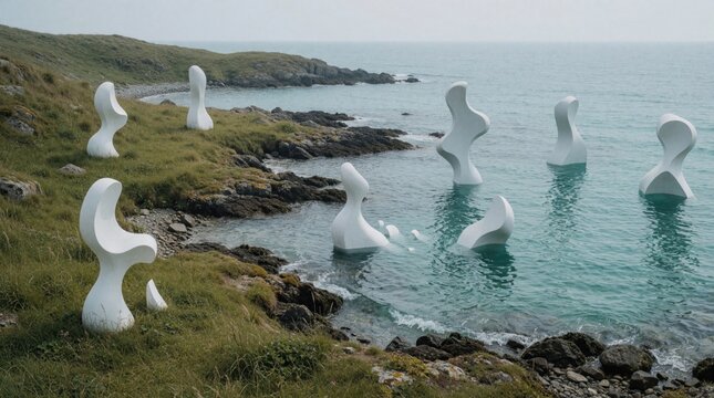 Modern white sculptures placed on grassy land, in blue sea water. Abstract shapes rise from ocean waves near rocky coast. Art installation blends with nature creating calm seaside scene. Serene