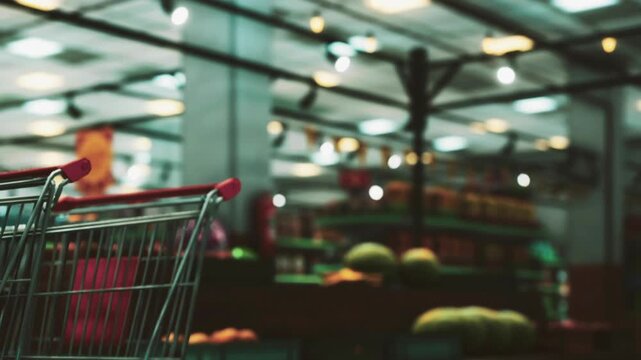 A shopping cart stands empty in a grocery store. Behind it, shelves display various fruits and vegetables. Customers walk around, selecting items for their meals.
