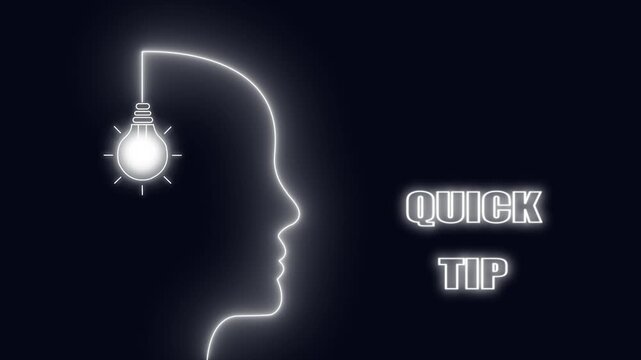 Glowing light bulb above a neon head outline with the words Quick Tip advice idea