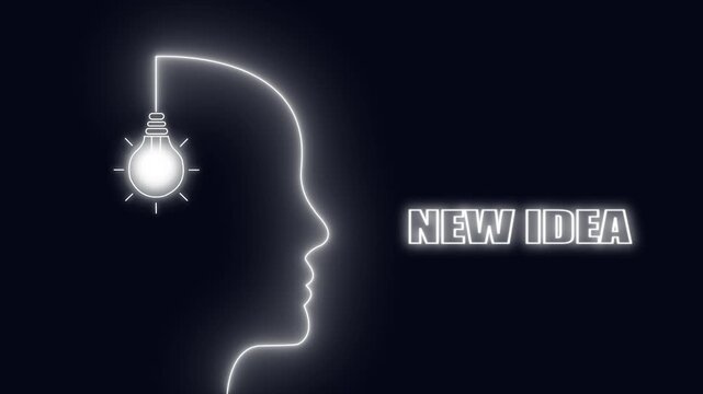 Outline of a human head with a glowing light bulb and the text New Idea concept innovation