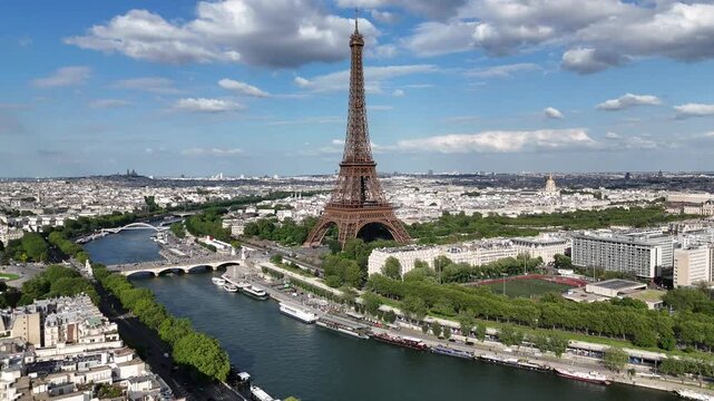 Paris Skyline At Paris In France Island France. Highrise Eiffel Tower. Downtown Cityscape. Paris Skyline At Paris In France Island France. Seine River Skyline. Metropolitan Region Aerial View.