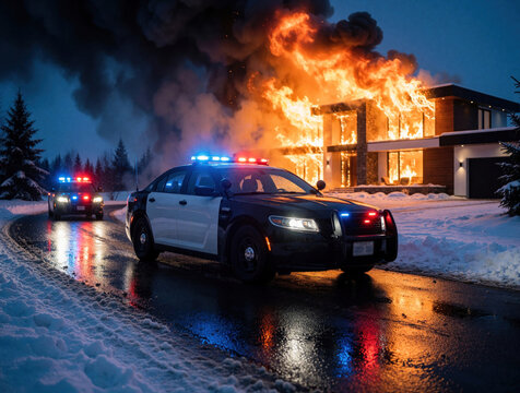 Police cars with flashing lights respond to modern house fire at dusk on snowy road. Intense flames engulf structure, creating urgent emergency scene with smoke billowing.