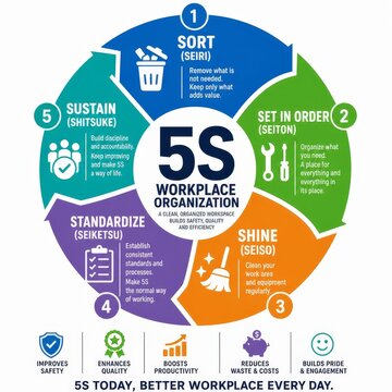 Comprehensive 5S Workplace Organization Infographic for Lean Management and Productivity Improvement