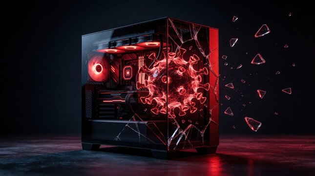 Computer case with broken glass panel reveals glowing red virus model inside. Digital threat, cyber attack concept. Data breach, spyware, malware risk illustration.
