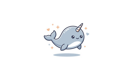 Naklejka premium Chibi narwhal character with tusk on white.